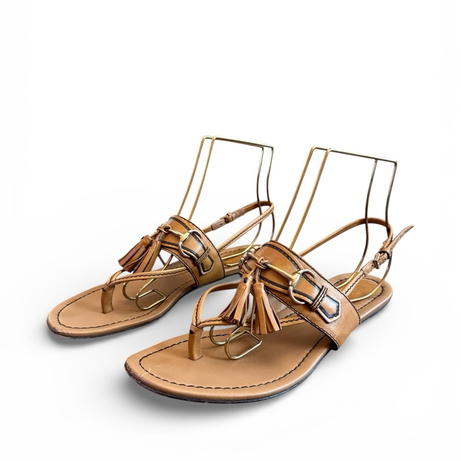 Gucci Brown Leather Tassel Horsebit Thong Flat Sandals Eu 37 Us 7
